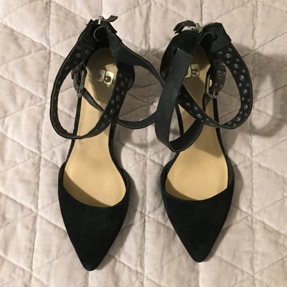 Joes Jeans Black Suede Studded Zip Back Heels - Ankle Wrap Straps - Pointed Toe - Picture 3 of 5